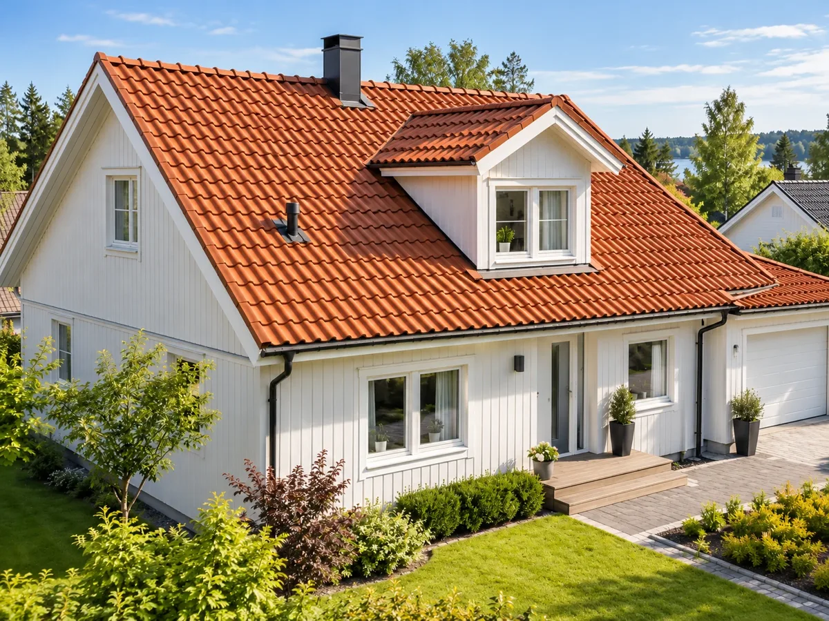 Vit villa med rött tak av tegelpannor
